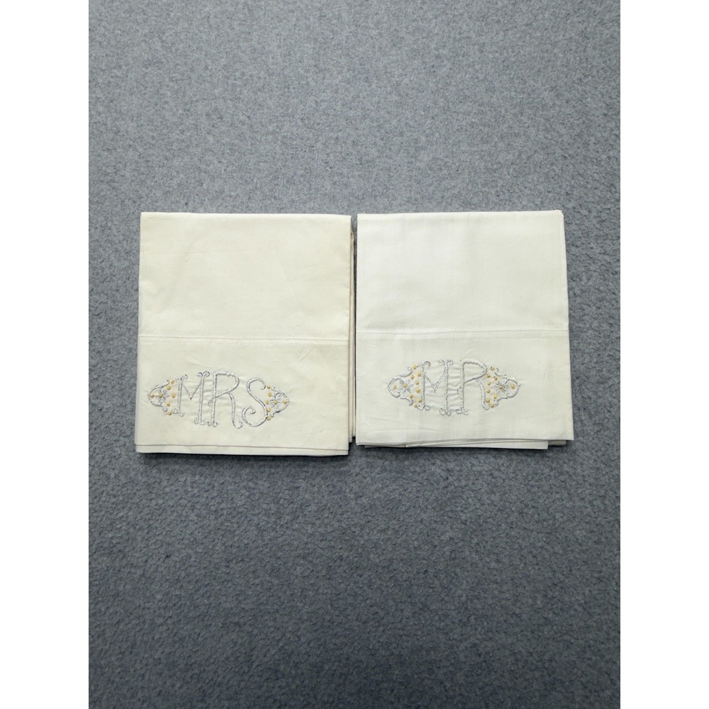 Pacific Percale Pillowcases‎ Set of 2 Mr & Mrs Embroidered Made in USA 42x38.5